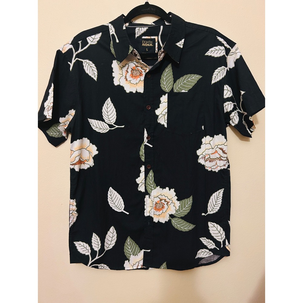 Eighth Avenue Floral Button Up Mens Large Black Excellent Short Sleeve Cotton